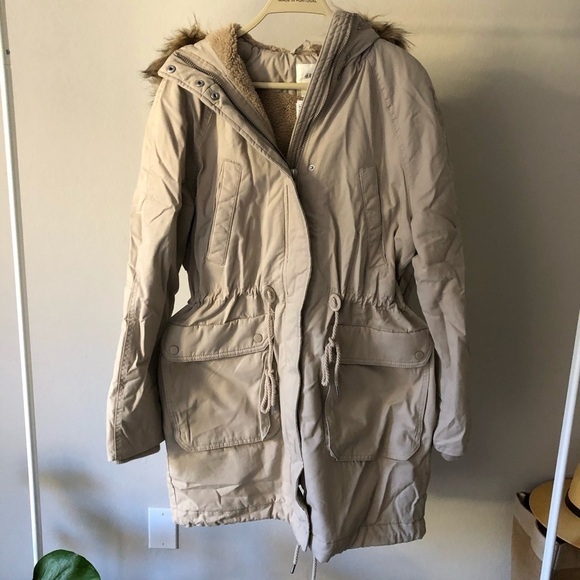 H&M Parka Faux Fur Hooded Y2K Jacket in Tan S - Picture 5 of 16